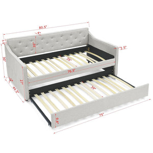 English Elm Twin Size Daybed With Trundle - Upholstered Tufted Sofa Bed, Chic Waved Arms, Ideal For Guests W1413S00012-GIGA