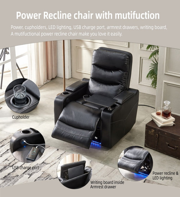 English Elm M062 Power Recliner Faux Leather Chair with Led Lighting Usb Port and Storage Black W1805S00032