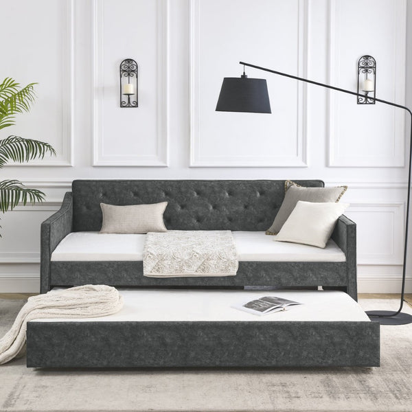 English Elm Twin Size Daybed With Trundle - Elegant Upholstered Sofa Bed With Tufted Design & Waved Arms In Grey W1413S00011-GIGA