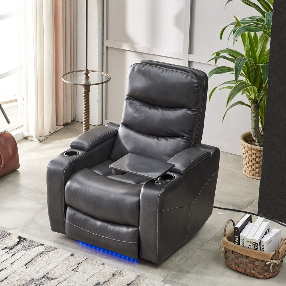 English Elm M062 Power Recliner Faux Leather Chair with Led Lighting Usb Port and Storage Gray W1805S00035
