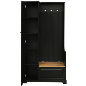 English Elm On-trend Matte Finish Hall Tree with Flip Bench Shoe Storage and Hanging Hooks Black WF304223AAB