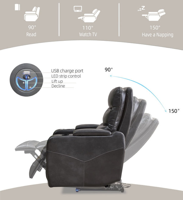 English Elm M062 Power Recliner Faux Leather Chair with Led Lighting Usb Port and Storage Gray W1805S00034