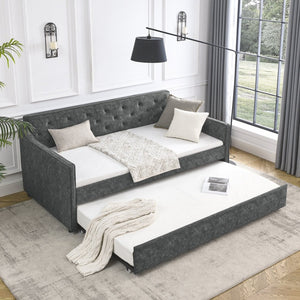 English Elm Twin Size Daybed With Trundle - Elegant Upholstered Sofa Bed With Tufted Design & Waved Arms In Grey W1413S00011-GIGA