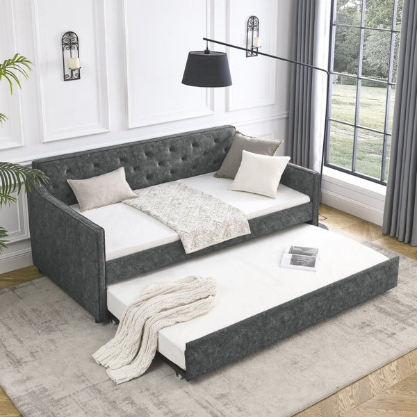English Elm Twin Size Daybed With Trundle - Elegant Upholstered Sofa Bed With Tufted Design & Waved Arms In Grey W1413S00011-GIGA