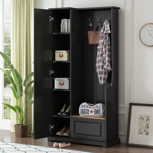 English Elm On-trend Matte Finish Hall Tree with Flip Bench Shoe Storage and Hanging Hooks Black WF304223AAB