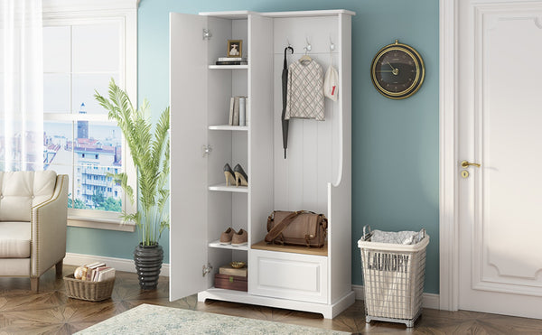 English Elm On-trend Matte Finish Hall Tree with Flip Bench Shoe Storage and Hanging Hooks White WF304223AAK