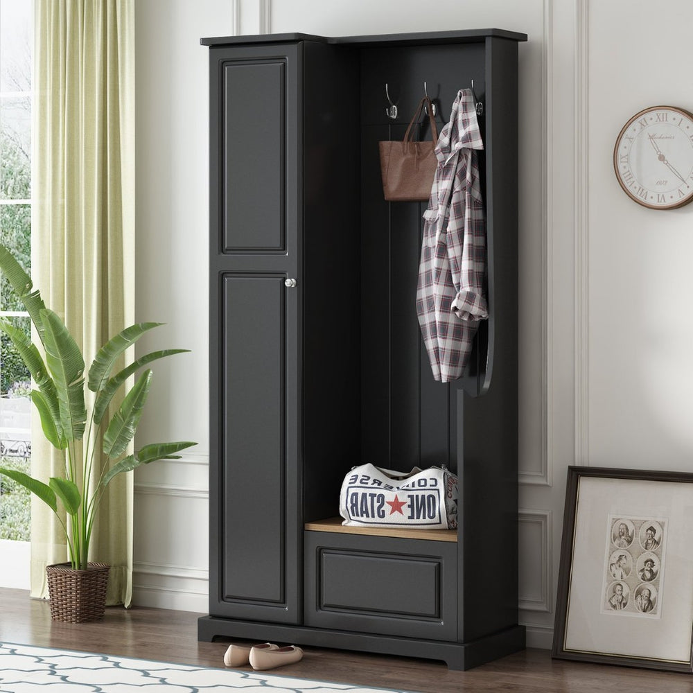 English Elm On-trend Matte Finish Hall Tree with Flip Bench Shoe Storage and Hanging Hooks Black WF304223AAB