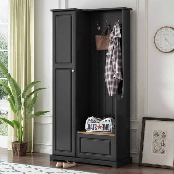 English Elm On-trend Matte Finish Hall Tree with Flip Bench Shoe Storage and Hanging Hooks Black WF304223AAB
