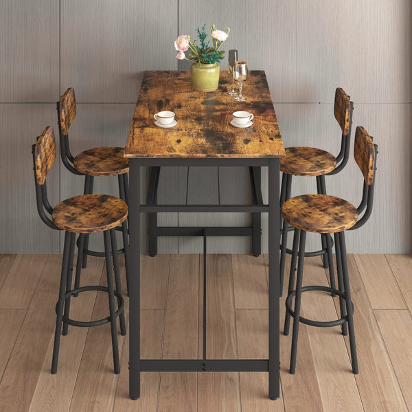English Elm 5-Piece Espresso Counter Height Dining Set with Retro Distressed Top, Sturdy Metal Frame & 4 Stools Brown W578104486