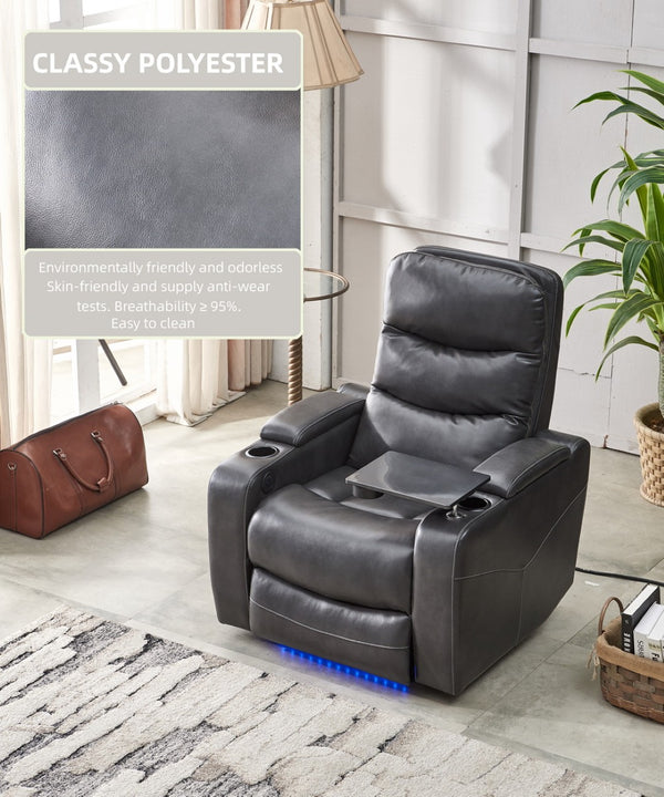 English Elm M062 Power Recliner Faux Leather Chair with Led Lighting Usb Port and Storage Gray W1805S00035