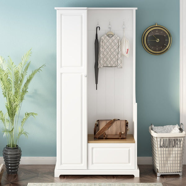 English Elm On-trend Matte Finish Hall Tree with Flip Bench Shoe Storage and Hanging Hooks White WF304223AAK