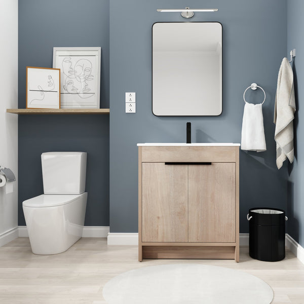 English Elm 30 Inch Freestanding Bathroom Vanity With White Ceramic Sink & Soft-Close Doors For Modern Spaces W999S00085