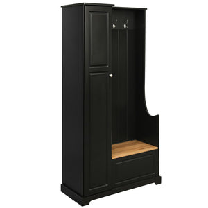 English Elm On-trend Matte Finish Hall Tree with Flip Bench Shoe Storage and Hanging Hooks Black WF304223AAB