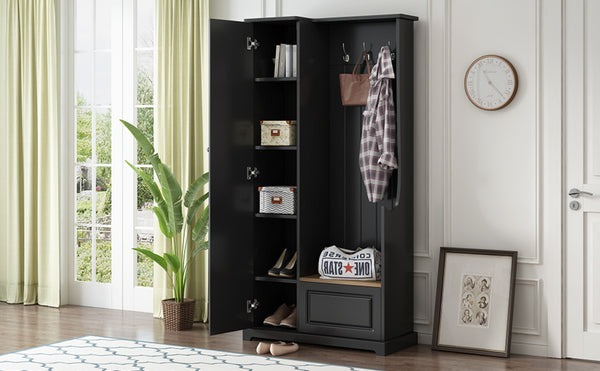 English Elm On-trend Matte Finish Hall Tree with Flip Bench Shoe Storage and Hanging Hooks Black WF304223AAB
