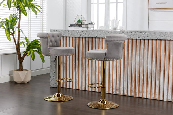 English Elm Coolmore Velvet Swivel Barstools Set Gold Legs Adjustable Height Kitchen Island Seating Pair Gray W1539103100