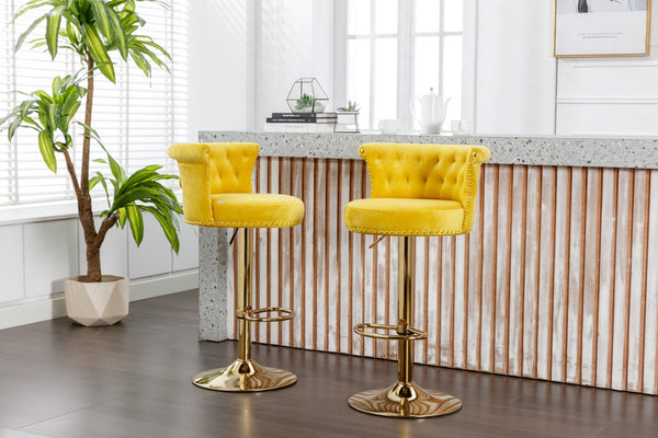 English Elm Coolmore Velvet Swivel Barstools Set Gold Legs Adjustable Height Kitchen Island Seating Pair Yellow W1539103102