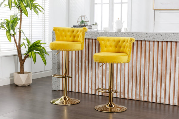 English Elm Coolmore Velvet Swivel Barstools Set Gold Legs Adjustable Height Kitchen Island Seating Pair Yellow W1539103102