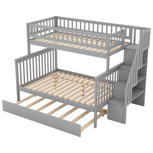 English Elm Twin Pine Twin-Over-Full Bunk Bed with Trundle and Staircase Storage, Space-Saving Durable Design Gray GX000403AAE-1