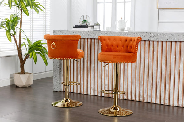 English Elm Coolmore Velvet Swivel Barstools Set Gold Legs Adjustable Height Kitchen Island Seating Pair Orange W1539103103