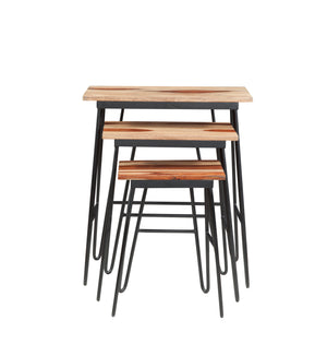 English Elm Steve Silver - Natural Sheesham Wood Nesting Tables - Two-Tone Top, Iron Base - Varied Beauty, Ample Storage Space