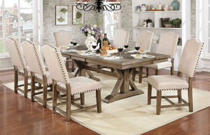 English Elm Rustic Beige Fabric Dining Chairs Set of 2 with Nailhead Trim, Solid Wood Light Oak Frame, Cozy Curved Backs B011110869
