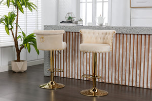 English Elm Coolmore Velvet Swivel Barstools Set Gold Legs Adjustable Height Kitchen Island Seating Pair Beige W1539103097