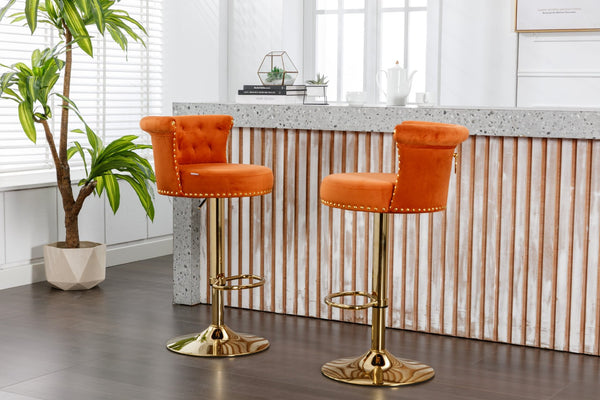 English Elm Coolmore Velvet Swivel Barstools Set Gold Legs Adjustable Height Kitchen Island Seating Pair Orange W1539103103