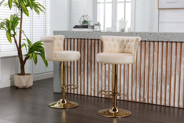 English Elm Coolmore Velvet Swivel Barstools Set Gold Legs Adjustable Height Kitchen Island Seating Pair Beige W1539103097