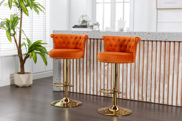 English Elm Coolmore Velvet Swivel Barstools Set Gold Legs Adjustable Height Kitchen Island Seating Pair Orange W1539103103