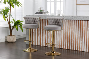 English Elm Coolmore Velvet Swivel Barstools Set Gold Legs Adjustable Height Kitchen Island Seating Pair Gray W1539103100