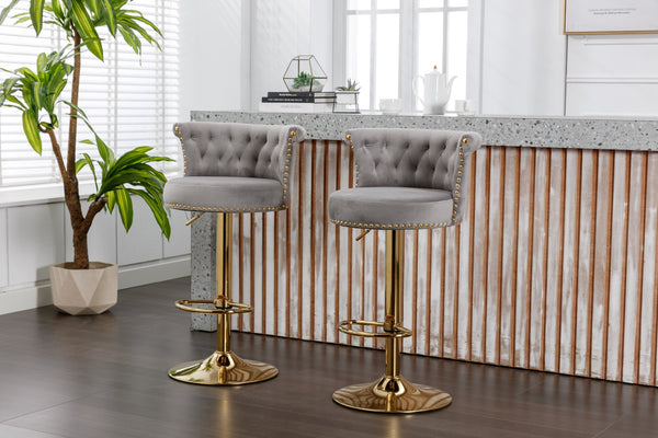 English Elm Coolmore Velvet Swivel Barstools Set Gold Legs Adjustable Height Kitchen Island Seating Pair Gray W1539103100