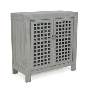 English Elm Steve Silver - Farmhouse Inspired Accent Cabinet - Lattice Work Front, Distressed Grey Finish