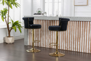 English Elm Coolmore Velvet Swivel Barstools Set Gold Legs Adjustable Height Kitchen Island Seating Pair Black W1539103098