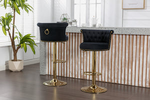 English Elm Coolmore Velvet Swivel Barstools Set Gold Legs Adjustable Height Kitchen Island Seating Pair Black W1539103098