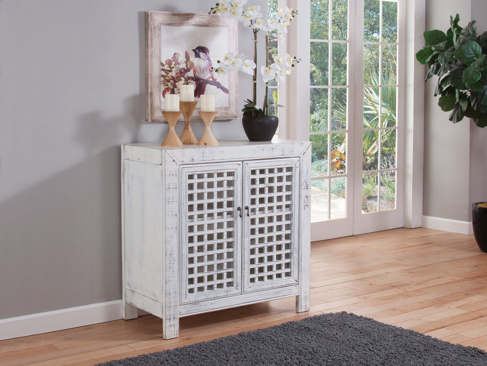 English Elm Steve Silver - Rio Accent Cabinet Vintage Pie-Safe Style with Lattice Doors, Distressed White Farmhouse Charm, Remote-Friendly Storage B081110871