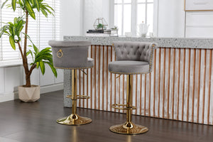 English Elm Coolmore Velvet Swivel Barstools Set Gold Legs Adjustable Height Kitchen Island Seating Pair Gray W1539103100
