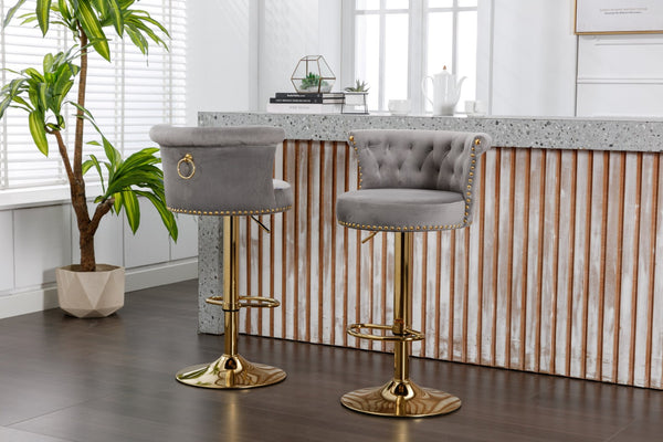 English Elm Coolmore Velvet Swivel Barstools Set Gold Legs Adjustable Height Kitchen Island Seating Pair Gray W1539103100