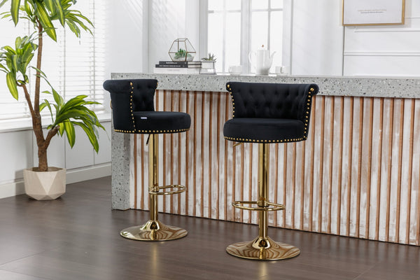 English Elm Coolmore Velvet Swivel Barstools Set Gold Legs Adjustable Height Kitchen Island Seating Pair Black W1539103098
