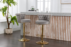 English Elm Coolmore Velvet Swivel Barstools Set Gold Legs Adjustable Height Kitchen Island Seating Pair Gray W1539103100