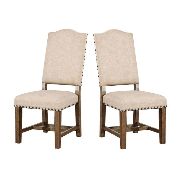 English Elm Rustic Beige Fabric Dining Chairs Set of 2 with Nailhead Trim, Solid Wood Light Oak Frame, Cozy Curved Backs B011110869