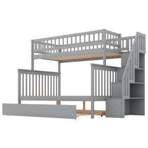 English Elm Twin Pine Twin-Over-Full Bunk Bed with Trundle and Staircase Storage, Space-Saving Durable Design Gray GX000403AAE-1