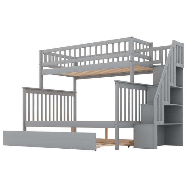 English Elm Twin Pine Twin-Over-Full Bunk Bed with Trundle and Staircase Storage, Space-Saving Durable Design Gray GX000403AAE-1
