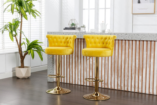 English Elm Coolmore Velvet Swivel Barstools Set Gold Legs Adjustable Height Kitchen Island Seating Pair Yellow W1539103102