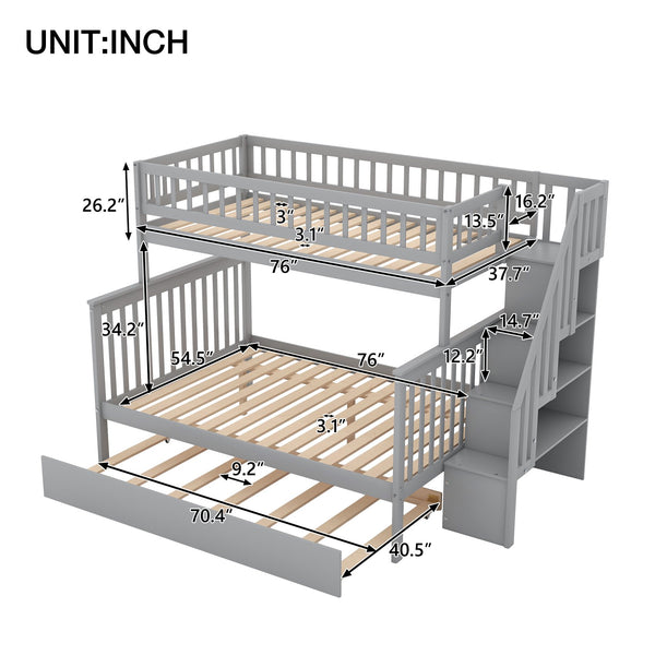 English Elm Twin Pine Twin-Over-Full Bunk Bed with Trundle and Staircase Storage, Space-Saving Durable Design Gray GX000403AAE-1