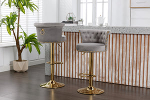 English Elm Coolmore Velvet Swivel Barstools Set Gold Legs Adjustable Height Kitchen Island Seating Pair Gray W1539103100