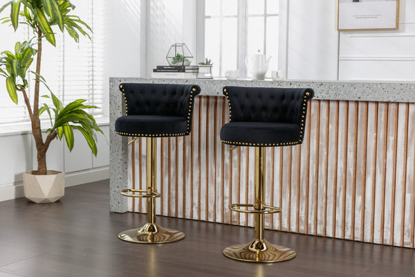 English Elm Coolmore Velvet Swivel Barstools Set Gold Legs Adjustable Height Kitchen Island Seating Pair Black W1539103098