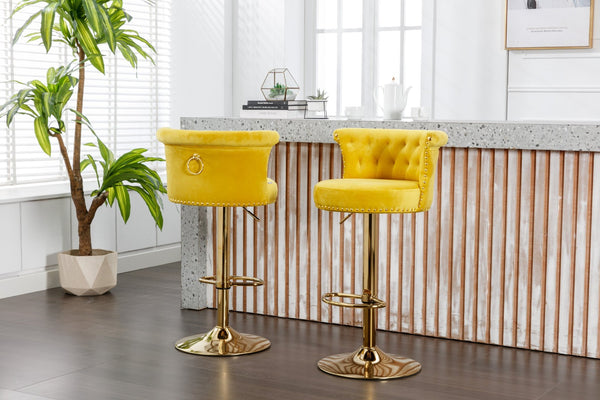 English Elm Coolmore Velvet Swivel Barstools Set Gold Legs Adjustable Height Kitchen Island Seating Pair Yellow W1539103102