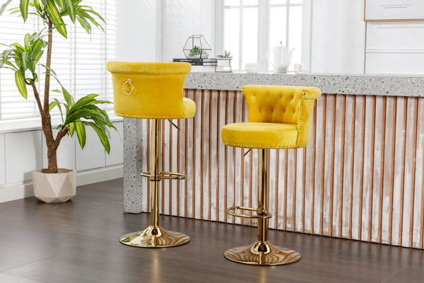 English Elm Coolmore Velvet Swivel Barstools Set Gold Legs Adjustable Height Kitchen Island Seating Pair Yellow W1539103102