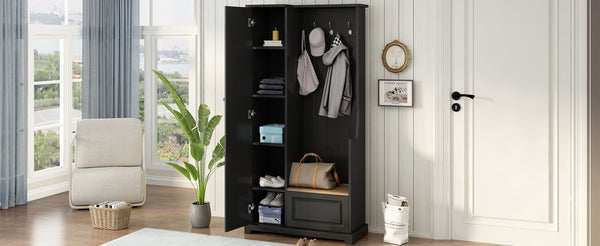 English Elm On-trend Matte Finish Hall Tree with Flip Bench Shoe Storage and Hanging Hooks Black WF304223AAB