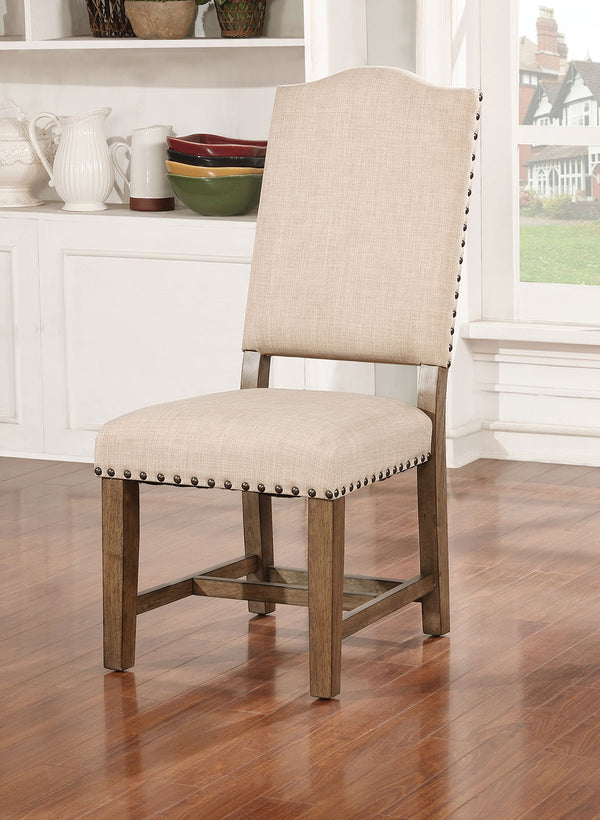 English Elm Rustic Beige Fabric Dining Chairs Set of 2 with Nailhead Trim, Solid Wood Light Oak Frame, Cozy Curved Backs B011110869